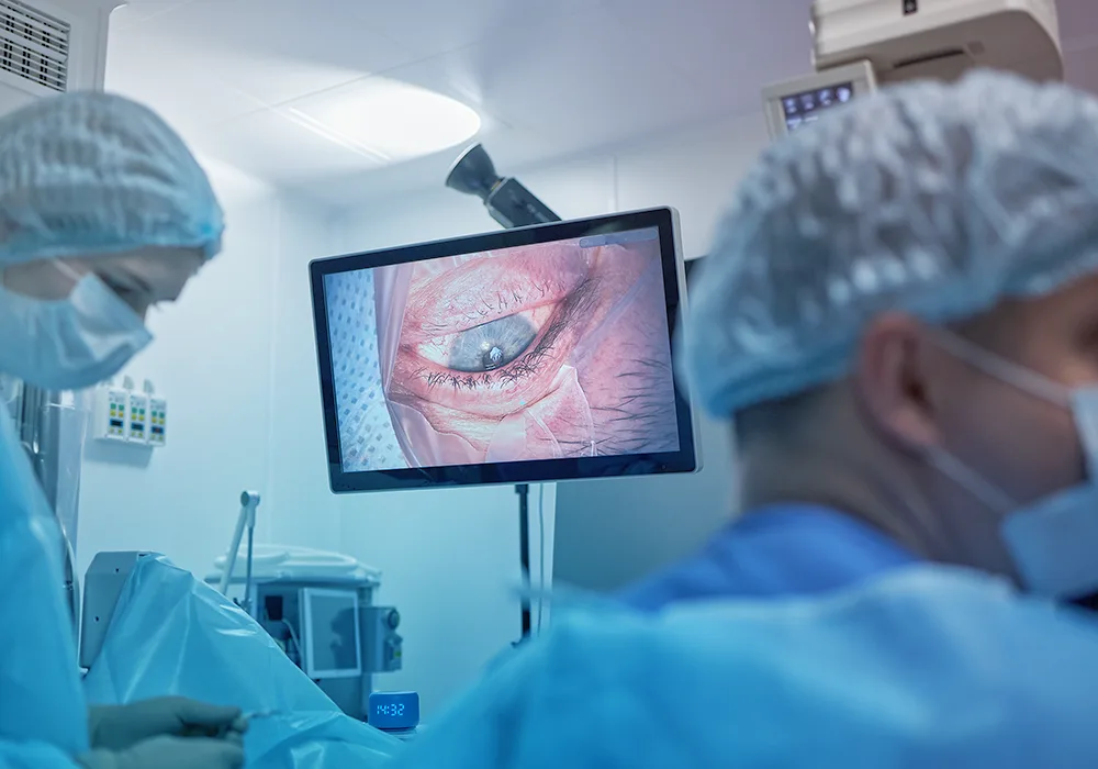 Surgeons performing cataract surgery while monitoring a magnified view of the eye on a screen.