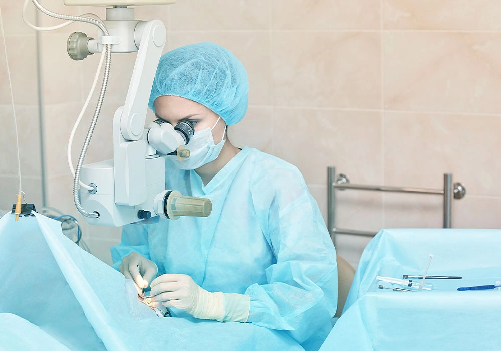 Eye surgeon performing LASIK in an operating room.